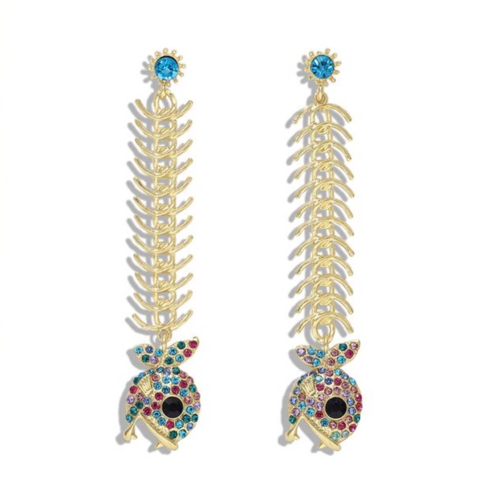Gold Blue Rhinestone Fish Long Drop Earrings 25$